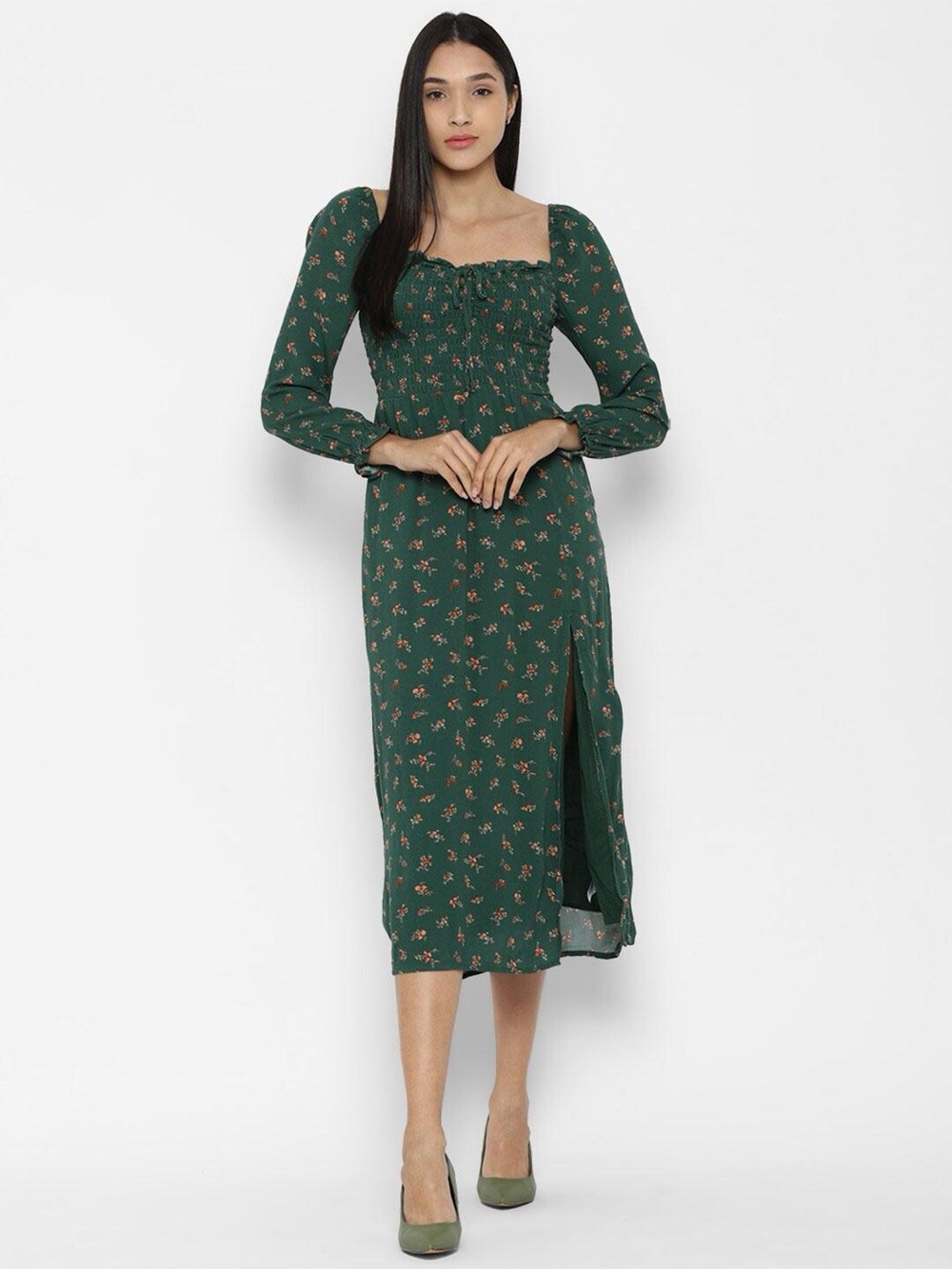 American Eagle Outfitters Dark Green Floral Smocked Midi Dress